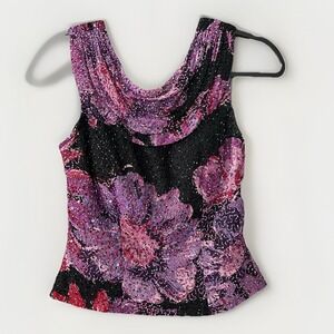Cecily Brown Silk Pink & Black Floral Beaded Draped Top Size S